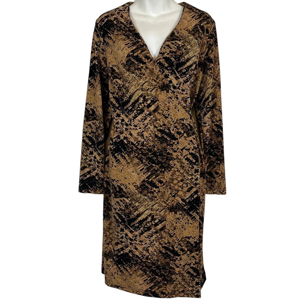 Believe Womens Wrap Style Long Sleeve Brown Black Print Jersey Knit Dress sz 12